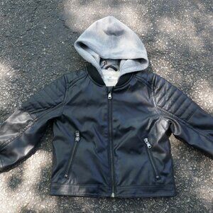 H&M Toddler Boys Faux Leather Hooded Black Gray Full Zip Biker Jacket NEW NWT 3T